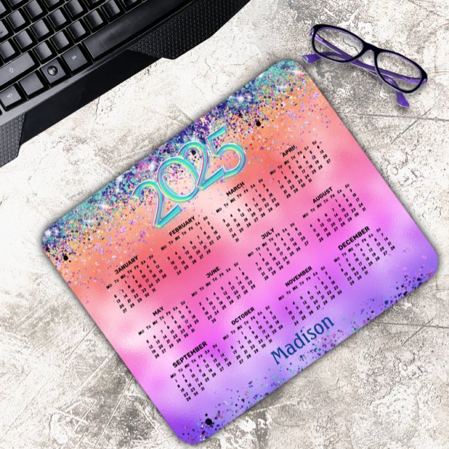 Chic pink iridescent faux glitter 2025 calendar  mouse pad (Creator Uploaded)