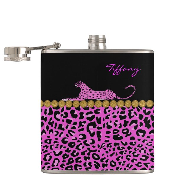 Chic Pink Jaguar Print Custom Flask (Opened)