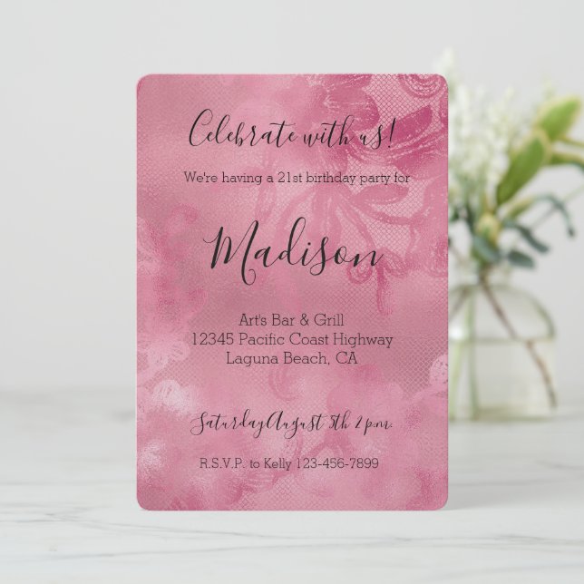 Chic Pink Lace Invitation (Standing Front)
