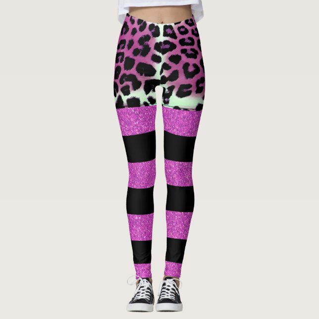 Chic Pink Leopard & Black Pink Glitter Stripes  Leggings (Front)