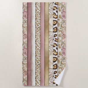 Chic Pink Leopard Floral Ivory Stripes Beach Towel