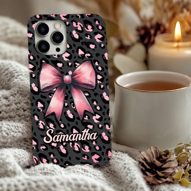 chic pink leopard print coquette bow monogram  Case-Mate iPhone case (Creator Uploaded)