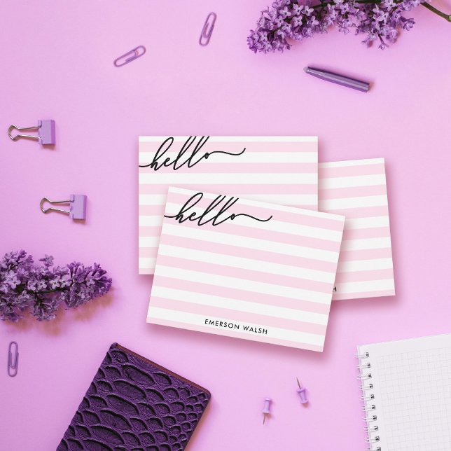 Chic Pink Lines Black Hello Add Name Card (Creator Uploaded)