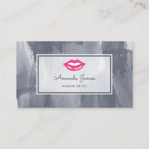 Chic Pink Lips Steel Grey Watercolor Makeup Artist Business Card