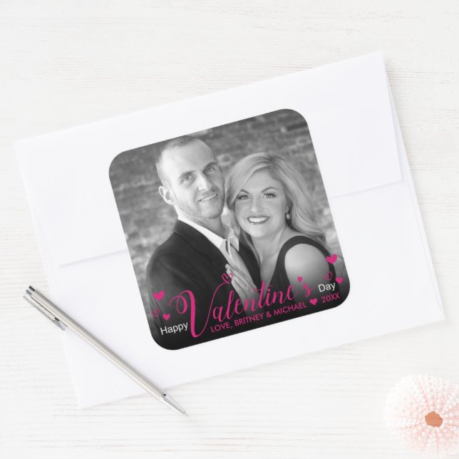 Chic Pink Modern Script Hearts Black White Photo Square Sticker (Envelope)