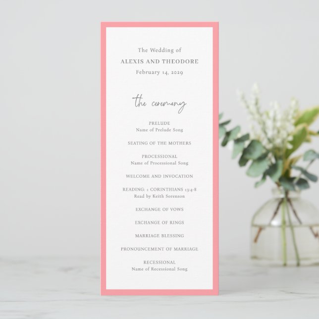 Chic Pink Modern Wedding Program (Standing Front)