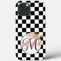 Chic pink monogram flower black & white chequered