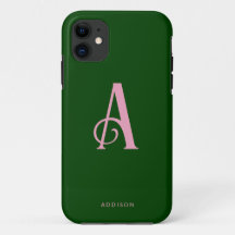 Chic Pink Monogram Initial Name on Dark Green