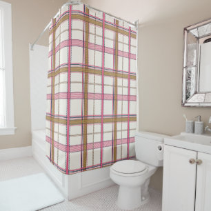 Chic Pink Navy Plaid Aesthetic Shower Curtain