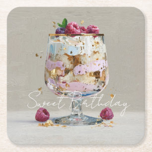 Chic Pink Oil Painting Cake Floral Birthday Party Square Paper Coaster