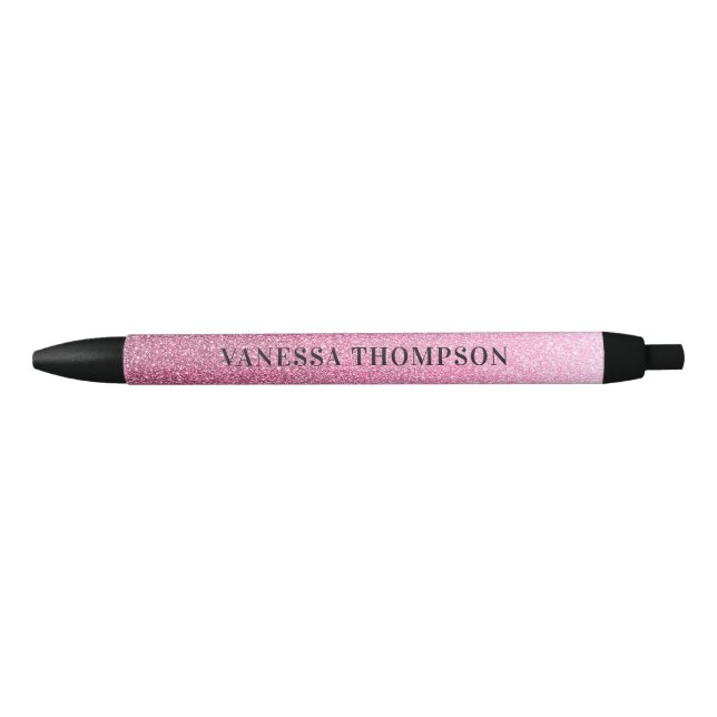 Chic Pink Ombre Glitter Black Ink Pen (Front)