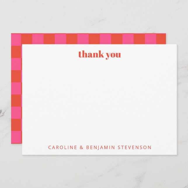 Chic Pink Orange Chequerboard Personalised  Thank You Card (Front/Back)