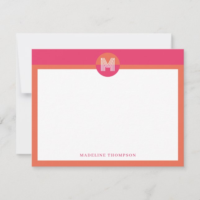 Chic Pink Orange Geometric Modern Monogram Card (Front)