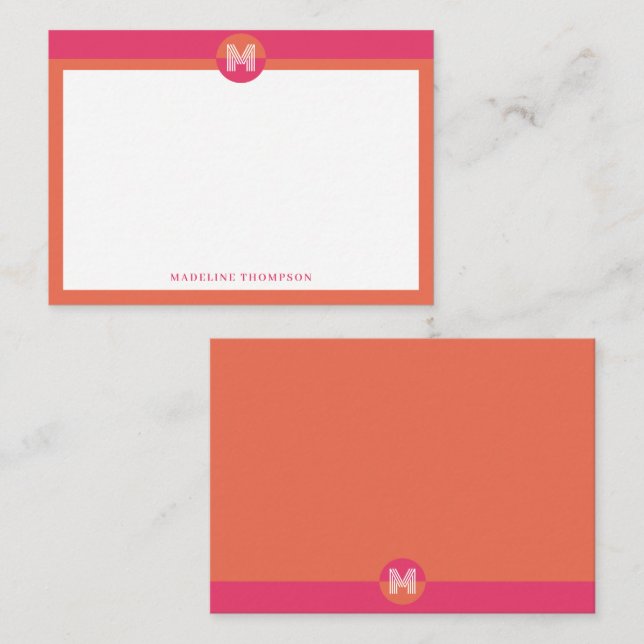 Chic Pink Orange Geometric Modern Monogram Card (Front/Back)