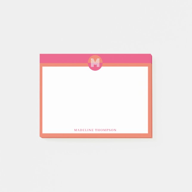 Chic Pink Orange Geometric Modern Monogram Post-it Notes (Front)
