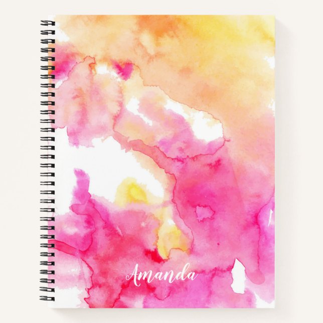 Chic Pink & Orange Ombre Watercolor Monogram Notebook (Front)