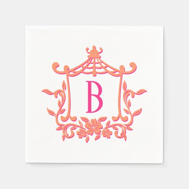 Chic Pink Orange Pagoda Frame Monogram Initial Napkin (Front)