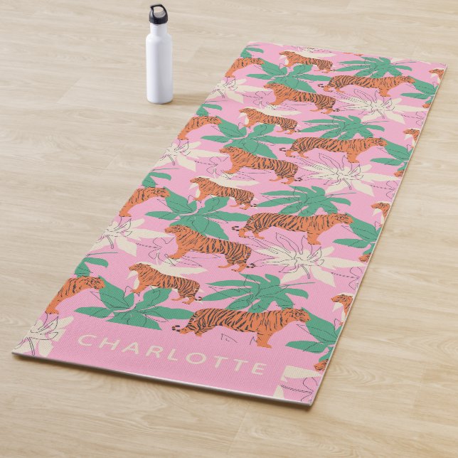 Chic Pink Orange Tiger Jungle Personalized Name Yoga Mat (In Situ)