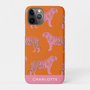 Chic Pink Orange Tiger Pattern Personalised Name Case-Mate iPhone Case