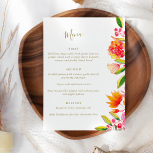 Chic Pink Orange Watercolor Floral Script Wedding Menu