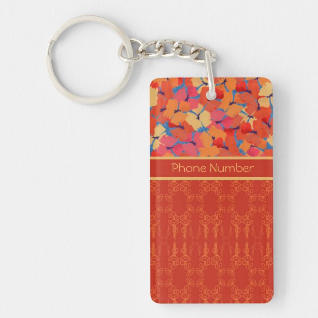 Chic Pink, Orange, Yellow Poppies Oblong Keychain (Front)