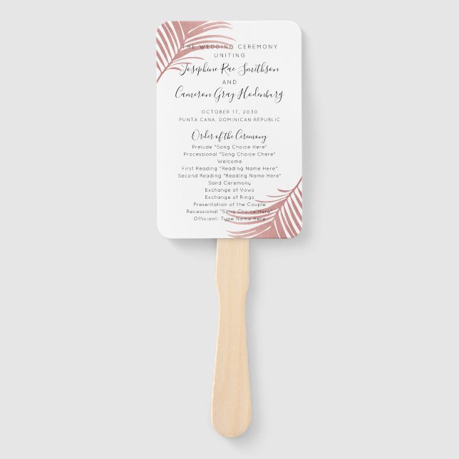 Chic Pink Palm Leaves Beach Wedding Program Fan (Front)