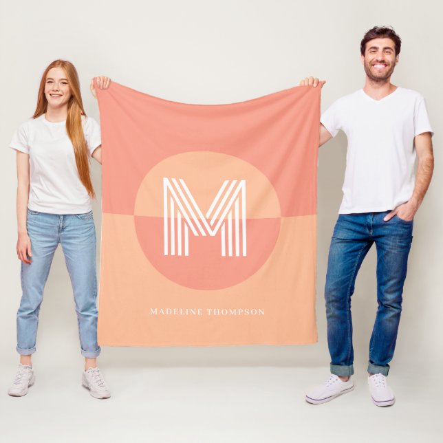 Chic Pink Peach Geometric Modern Monogram Fleece Blanket (In Situ)