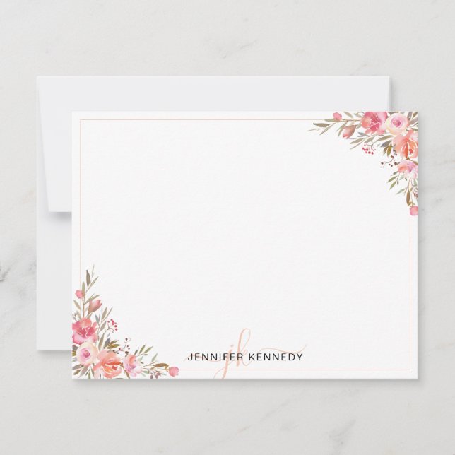 Chic Pink Peach Watercolor Floral Note Card (Front)
