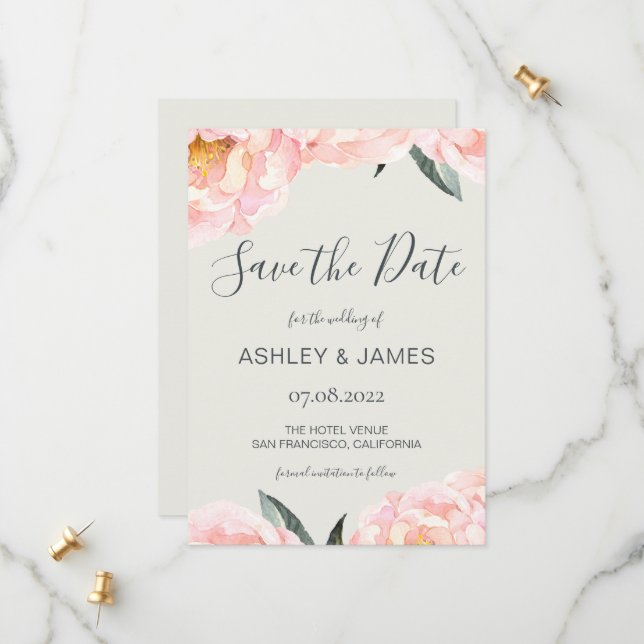 Chic Pink Peony Calligraphy Save the Date (Front/Back In Situ)