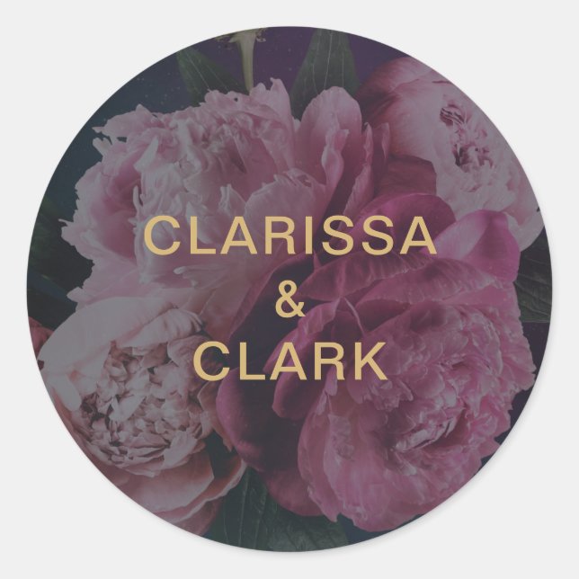 Chic Pink Peony Couples Names Wedding Envelope Classic Round Sticker (Front)