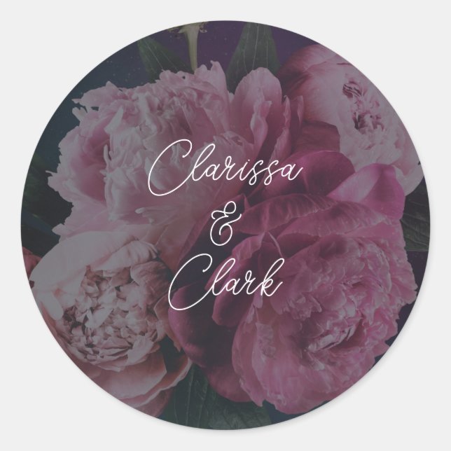 Chic Pink Peony Couples Names Wedding Envelope  Classic Round Sticker (Front)