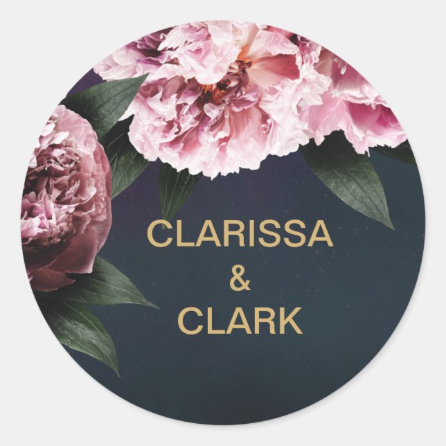 Chic Pink Peony Couples Names Wedding Envelope  Classic Round Sticker (Front)
