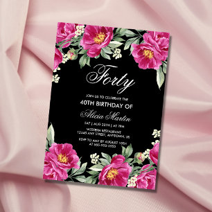 Chic Pink Peony Floral Black 40th Birthday  Invitation
