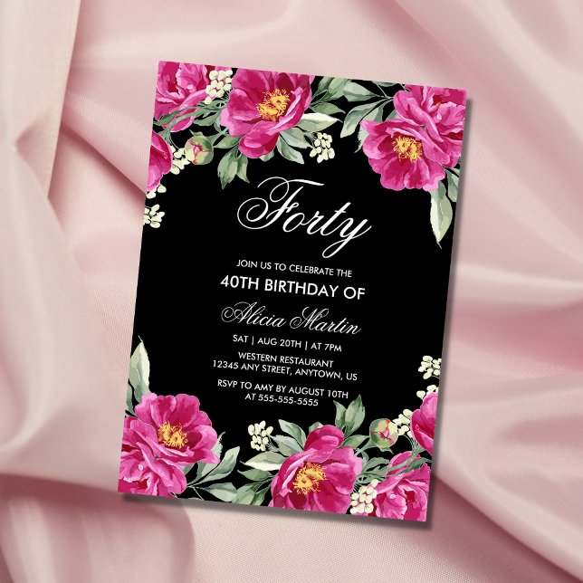 Chic Pink Peony Floral Black 40th Birthday  Invitation (Creator Uploaded)
