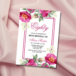 Chic Pink Peony Floral Greenery 80th Birthday  Invitation