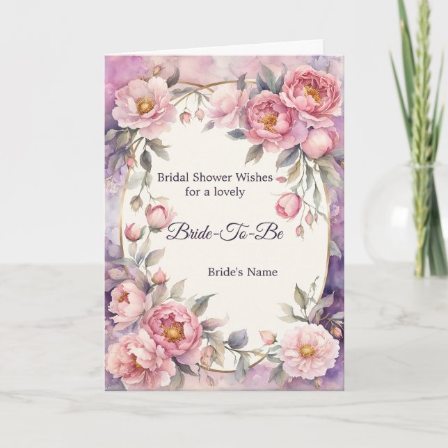 Chic Pink Peony Oval Frame Bridal Shower Card (Front)