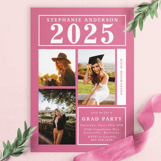 Chic Pink Photo Collage Graduation Party Invitation (Creator Uploaded)