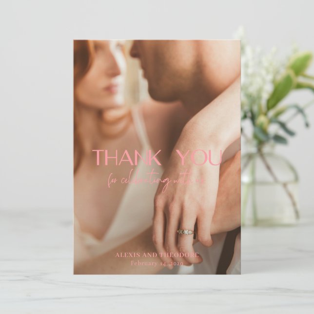 Chic Pink Photo Modern Wedding Thank You Card (Standing Front)