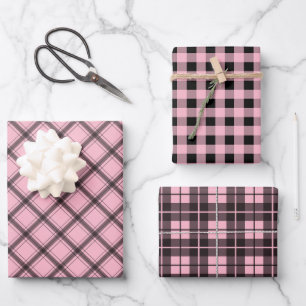 Chic Pink Plaid Buffalo Check Mixed Pattern Wrapping Paper Sheet