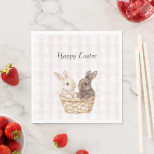 Chic Pink Plaid Stripes Bunnies in a basket Easter Napkin