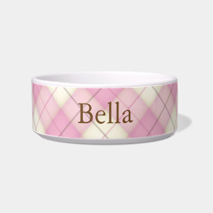 Chic Pink Plaid Tartan Personalised Cat or Dog Bow Bowl