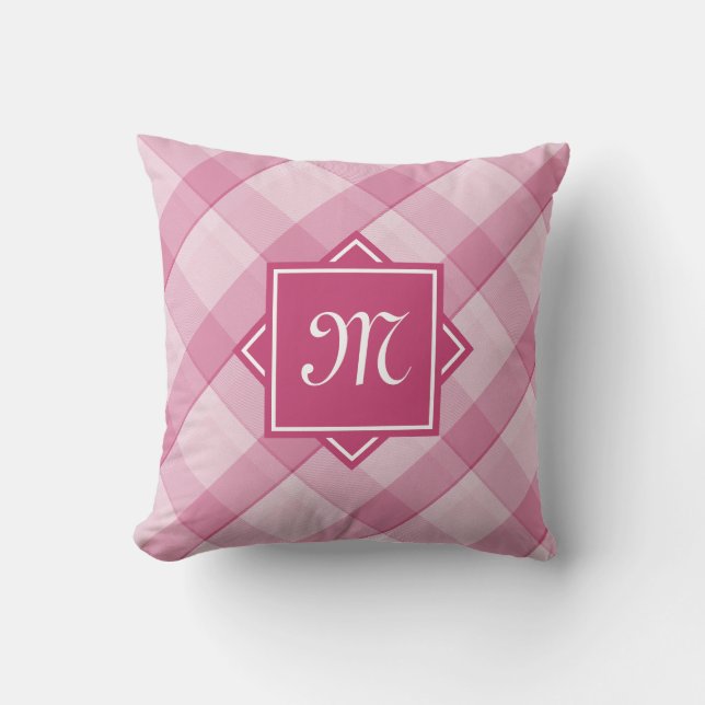 Chic Pink Plaid With Modern Diagonal Monogram Cushion (Front)
