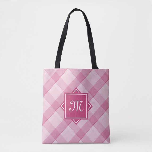 Chic Pink Plaid With Modern Diagonal Monogram Tote Bag (Front)