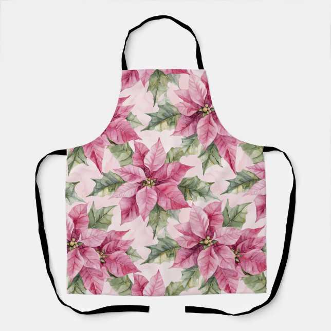 Chic Pink Poinsettia Flowers Christmas Apron (Front)
