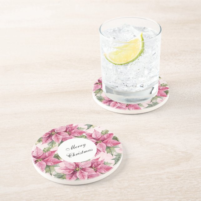 Chic Pink Poinsettia Flowers Christmas Coaster (Side)