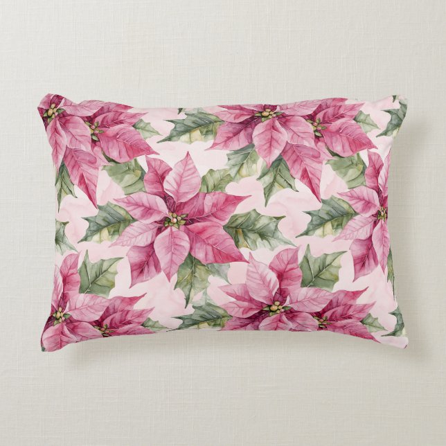 Chic Pink Poinsettia Flowers Christmas Decorative Cushion (Front)