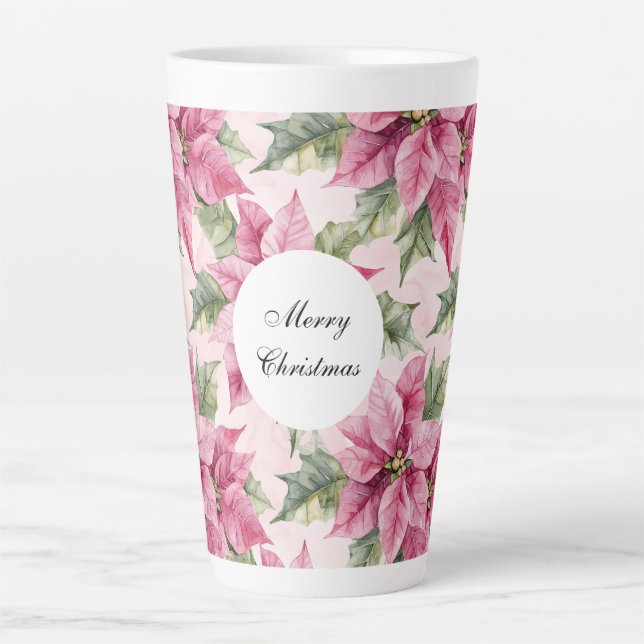 Chic Pink Poinsettia Flowers Christmas Latte Mug (Front)