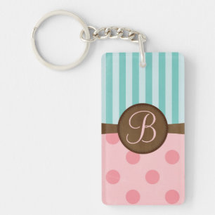 Chic pink polka dots teal stripes monogram key ring