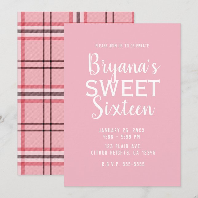Chic Pink Preppy Plaid Sweet 16 Birthday Party Invitation (Front/Back)