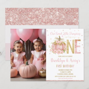 Chic Pink Pumpkin 1st Birthday Twin Girls Photo Invitation
